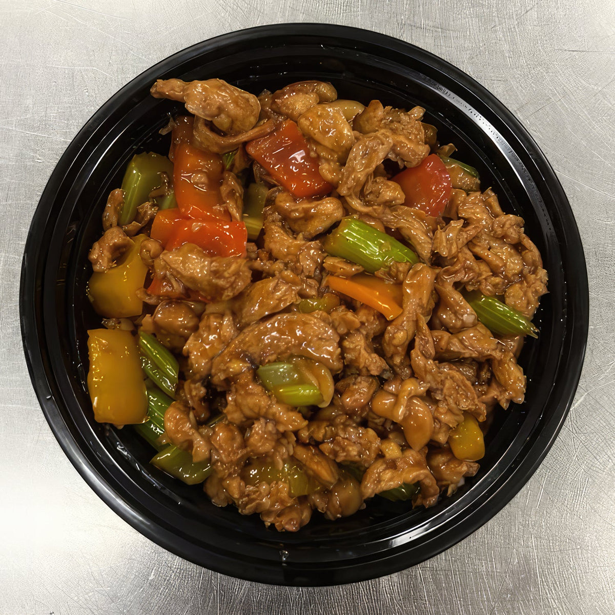 Kung pao soy curls over rice
