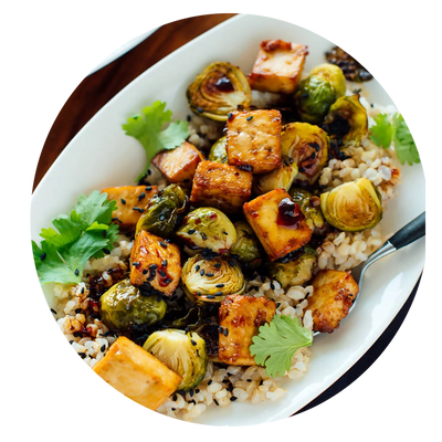 Roasted Brussels Sprouts & Crispy Tofu with Maple-Sesame Glaze