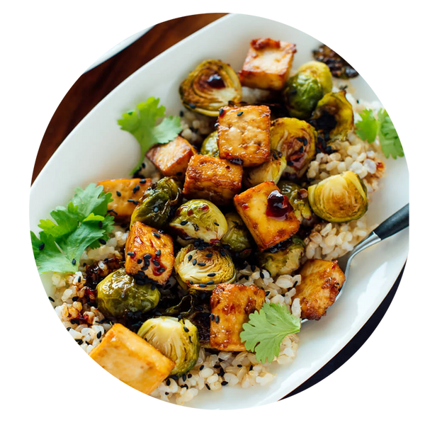Roasted Brussels Sprouts & Crispy Tofu with Maple-Sesame Glaze