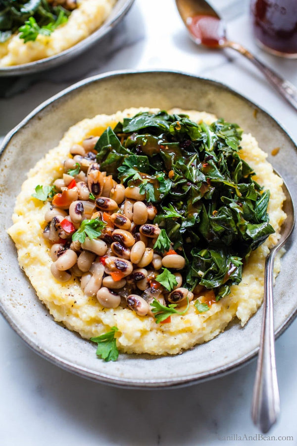 Black Eyed Peas With Smoky Collards And Cheesy Grits