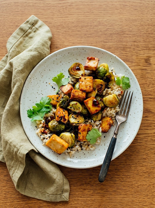 Roasted Brussels Sprouts & Crispy Tofu with Maple-Sesame Glaze