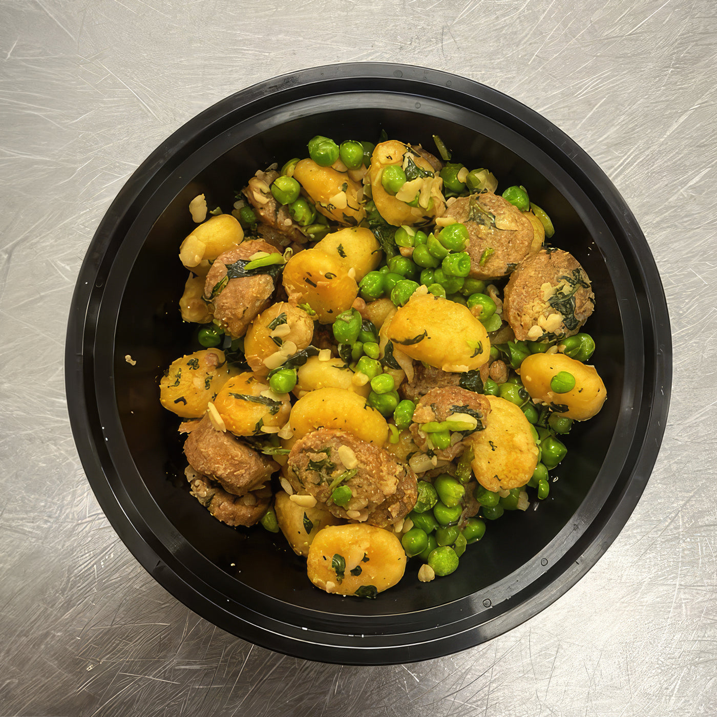 Crispy Gnocchi with Sausage and Peas