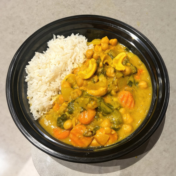 Mango Coconut Curry with Cashews Chickpeas Carrots and Spinach